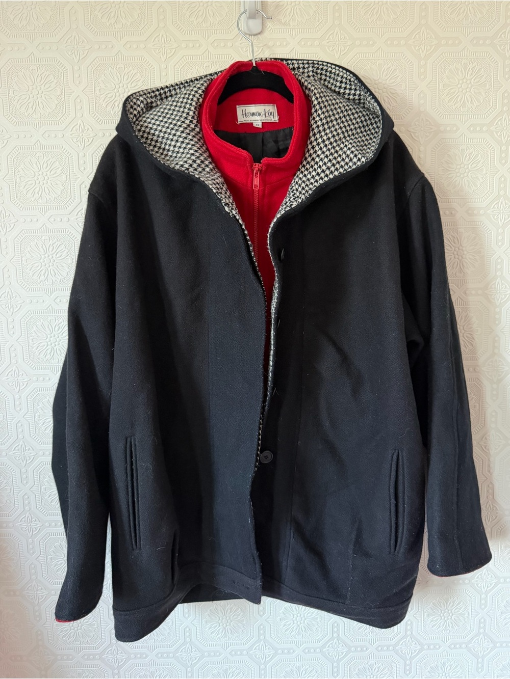 Vintage Herman Kay Black Hooded Wool Coat with Houndstooth & Red Size 8